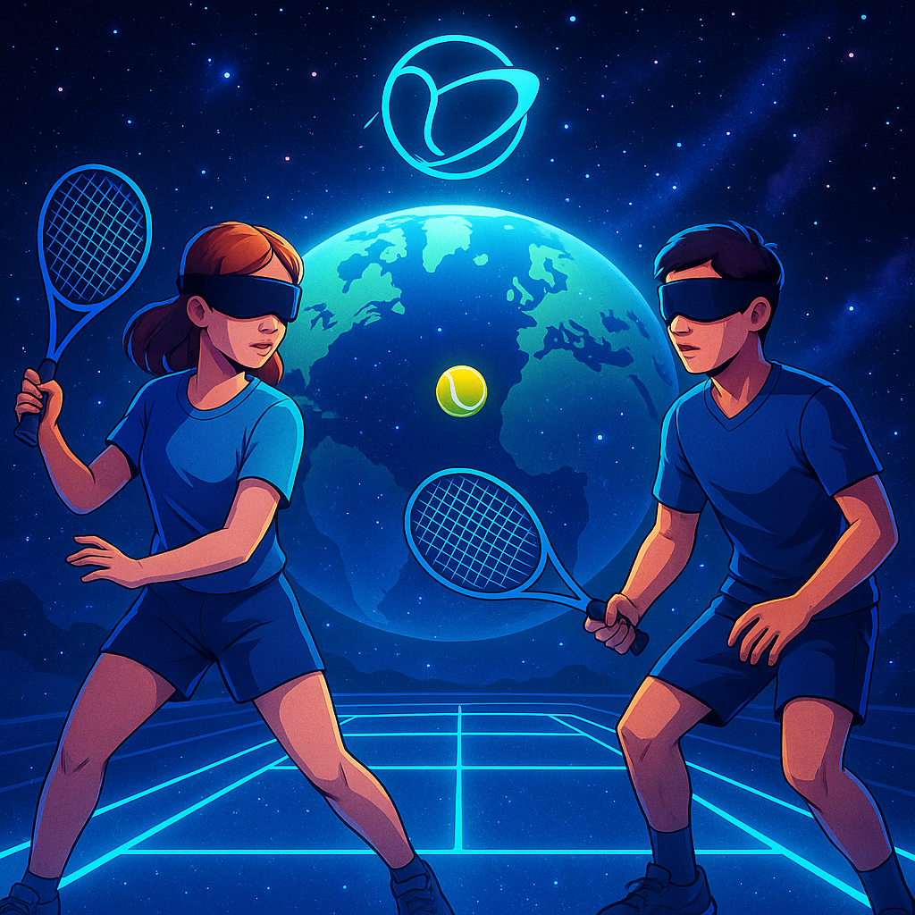 Due atleti non vedenti che giocano a blind tennis con la Terra sullo sfondo